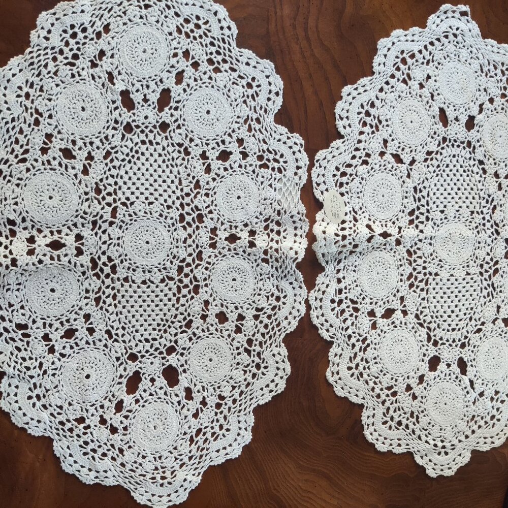 2 White Crocheted Placemat Doilies
